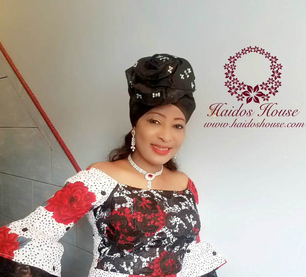 AG - Lovely Rose Design Auto-Gele/ Aso-oke Turban in Black