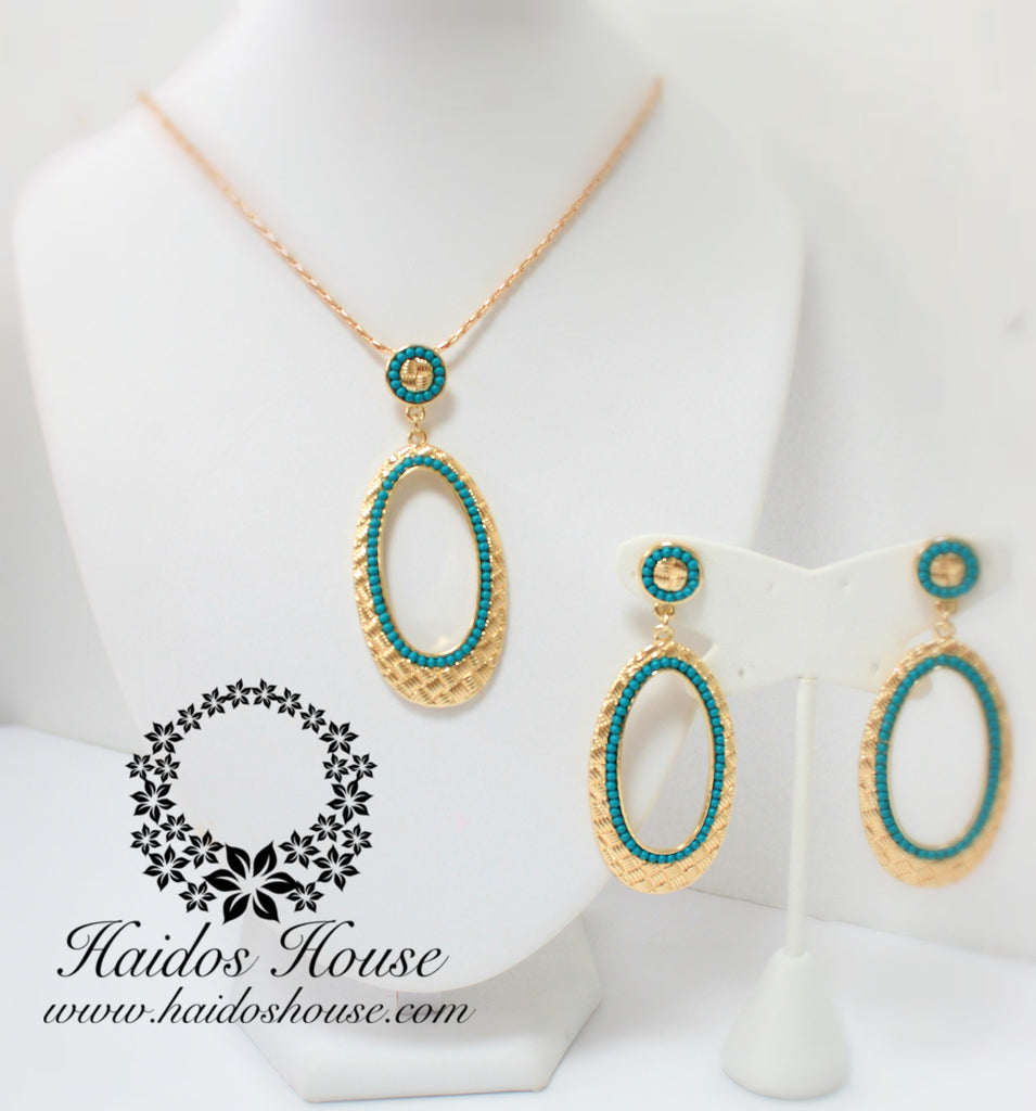 PS107 - Oval Turquoise Beaded Gold Pendant Set