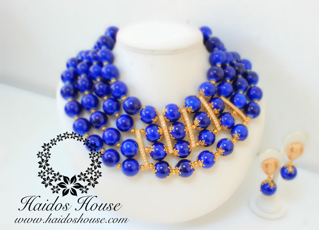 HBS 1236 - Haidos 4 Strands Dark Royal Blue & Gold Bespoke Beads Set