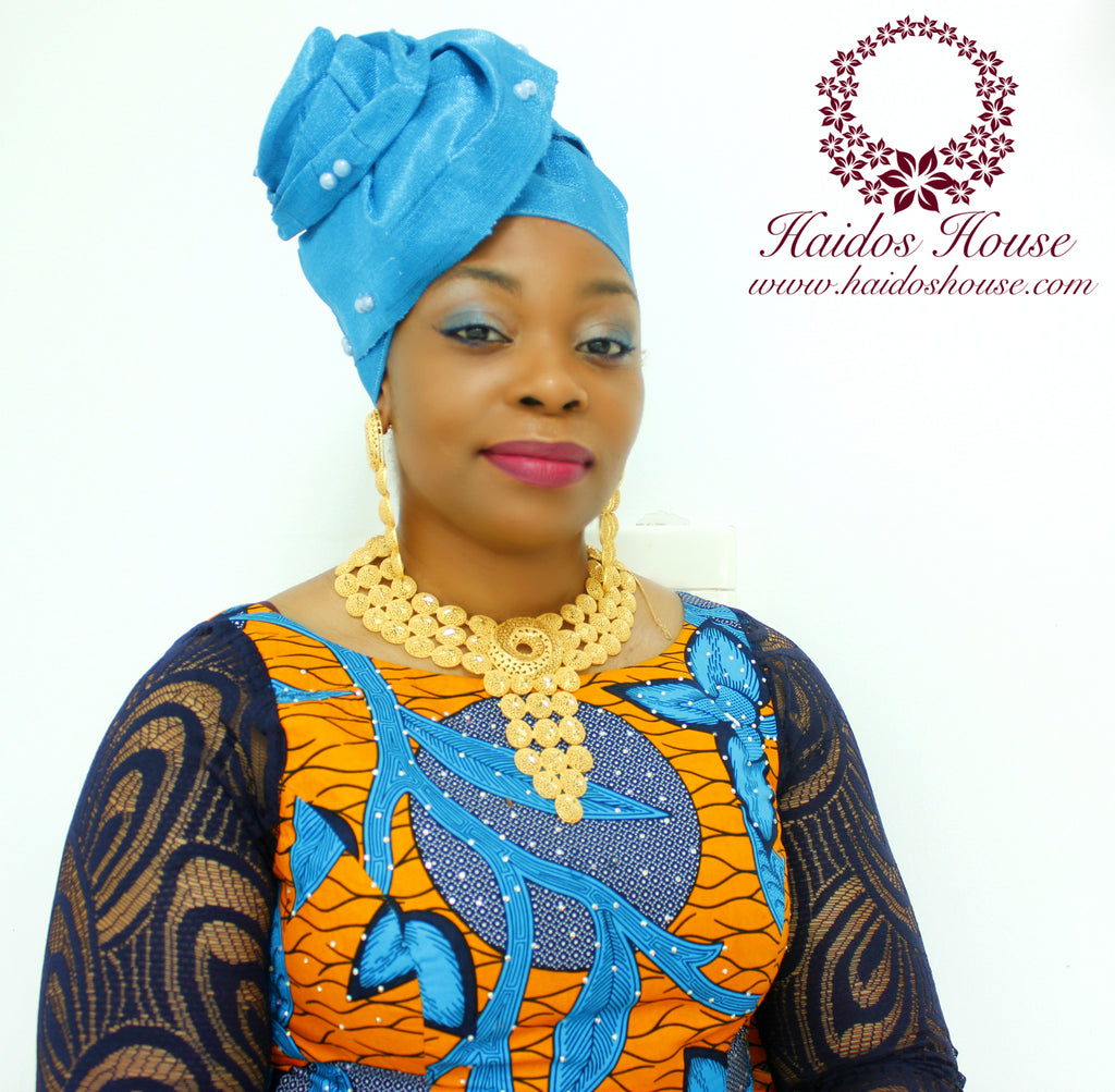 AG - Lovely Rose Design Auto-Gele/ Aso-oke Turban in Turquoise