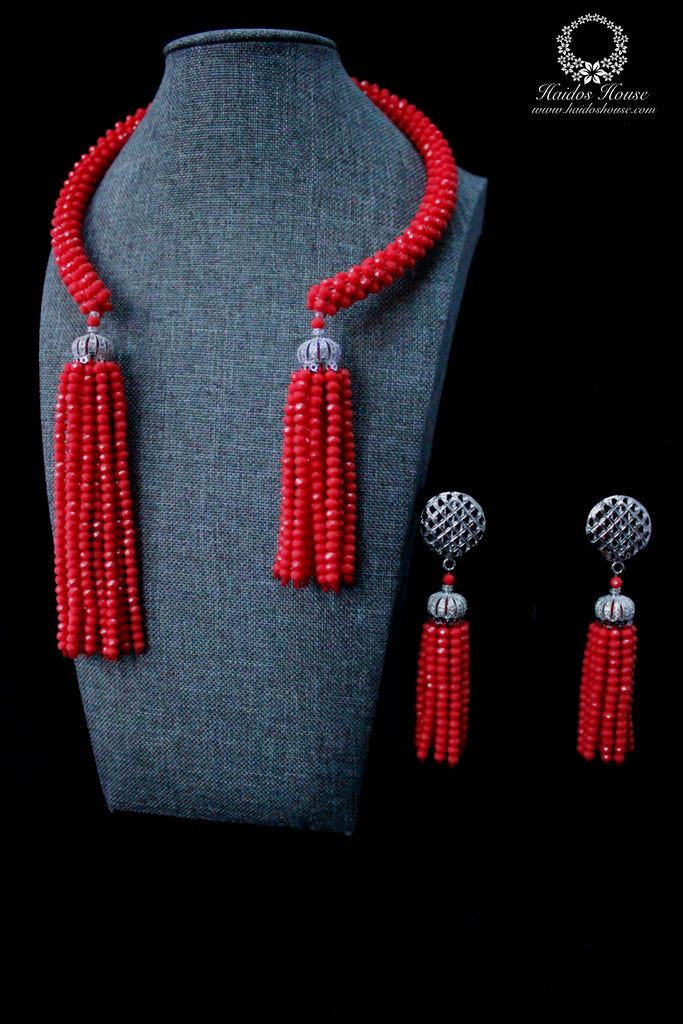 HBS 1177 - Haidos Asymmetrical  Coral/Salmon Woven Bespoke Tassel Beads Set