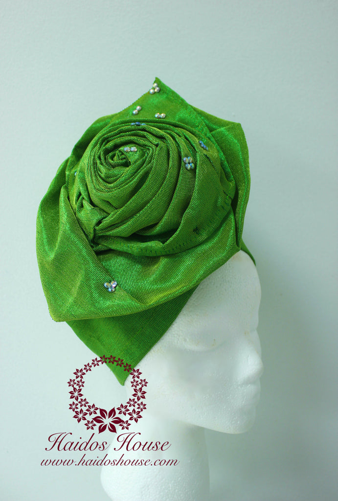 AG - Lovely Rose Design Auto-Gele/ Aso-oke Turban in Lime Green