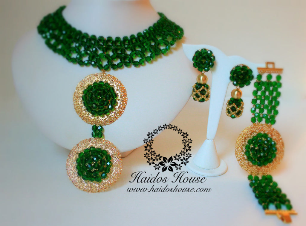HBS 1268 - Emerald Green & Gold Beads Set