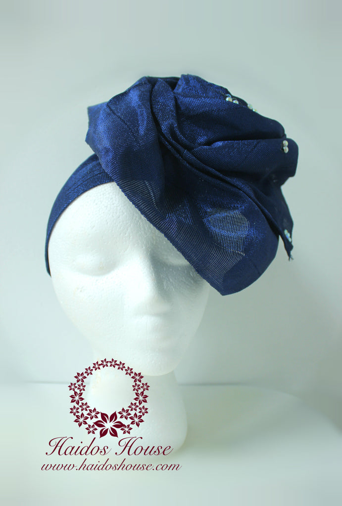 AG - Lovely Rose Design Auto-Gele/ Aso-oke Turban in Navy Blue