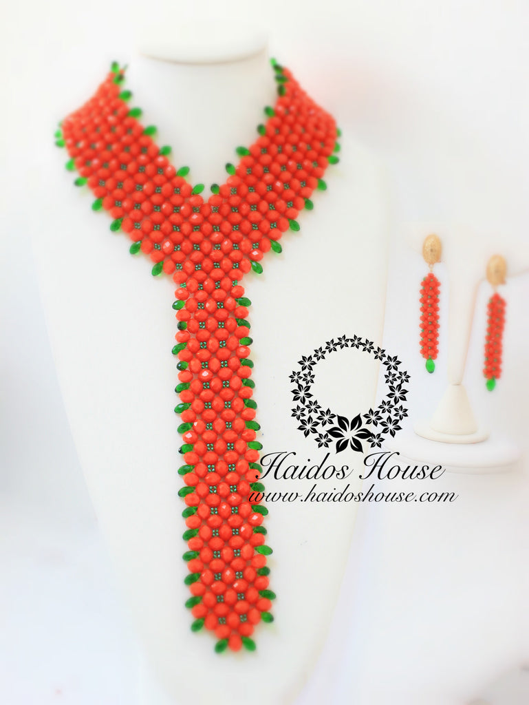 HBS 1244 - Haidos "Quadded" Bespoke Beads Set in Orange & Emerald Green