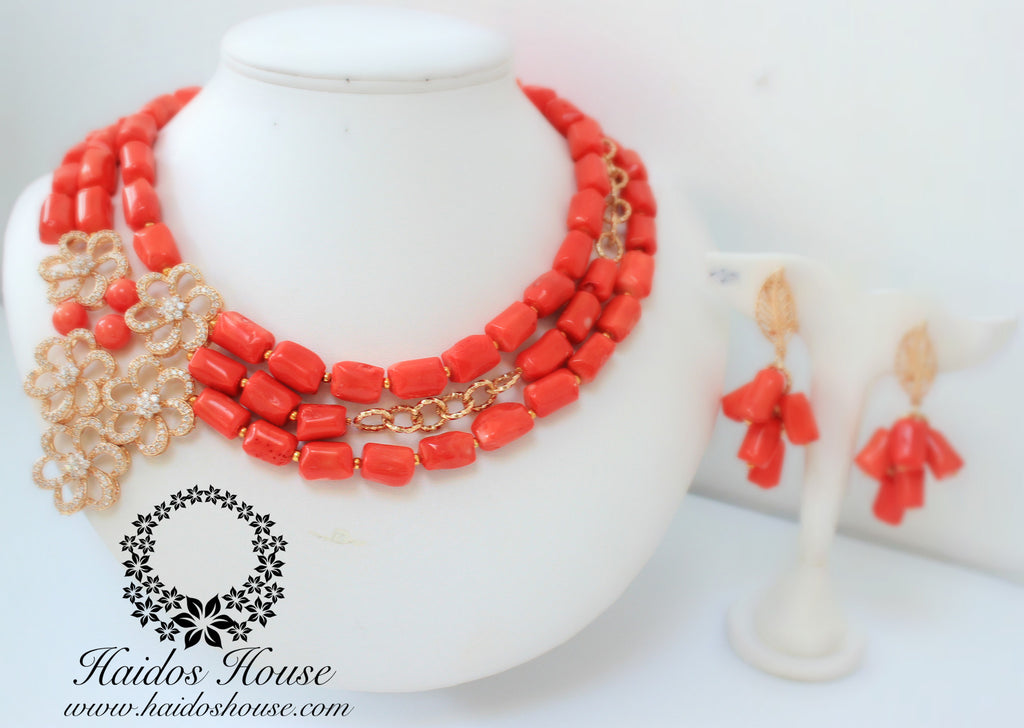 HBS 1238 - Haidos Bespoke Coral & Gold Beads Set with Stones