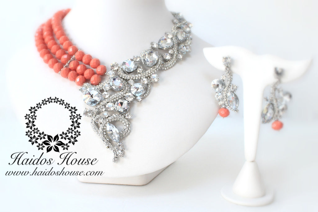 HBS 1271 - Haidos Coral(Peach) & Silver Crystal Bespoke Beads Set