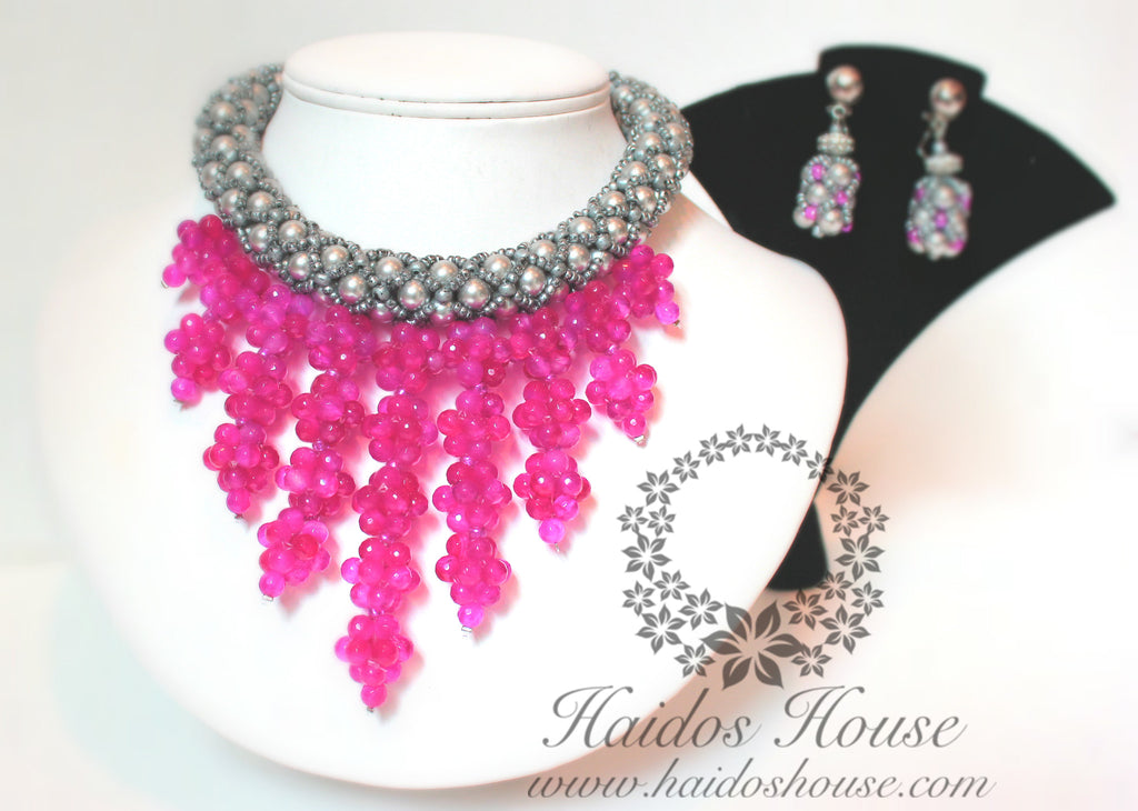 HBS 1291 - Haidos Grey/Metallic Silver & Fuchsia Bespoke Beads Set
