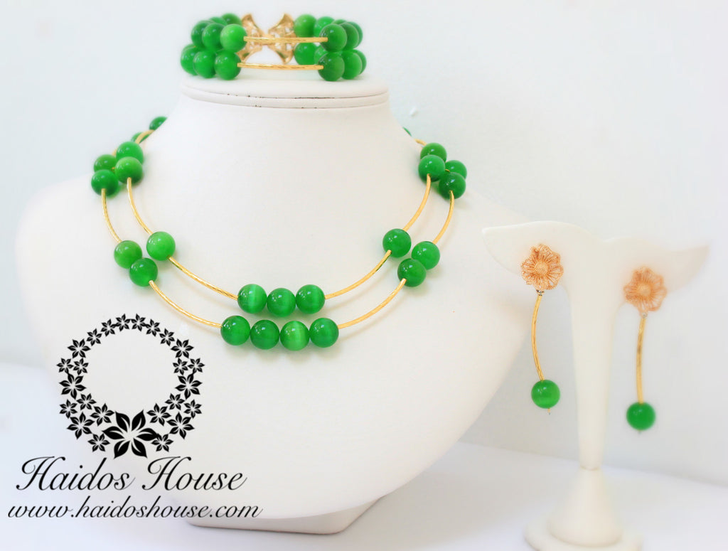 HBS 1287 - 2 Layer Green & Gold Beads Set