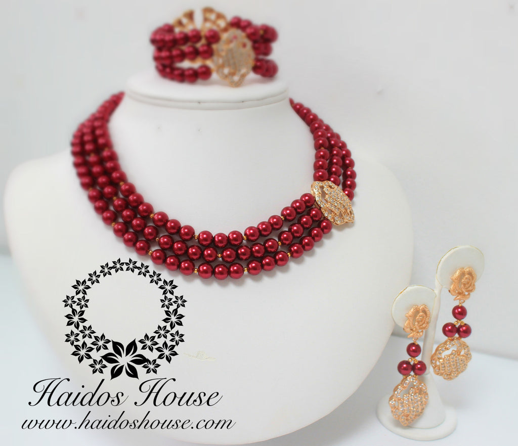 HBS 1237 - Haidos Bespoke Wine & Gold Beads Set with Stones