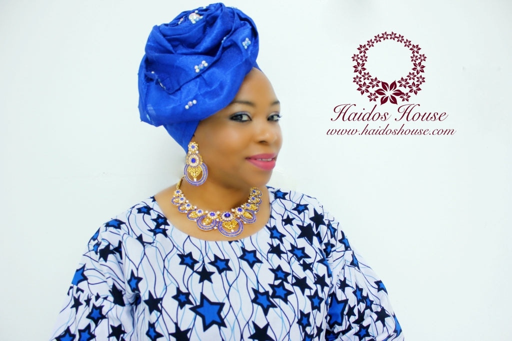 AG - Lovely Rose Design Auto-Gele/ Aso-oke Turban in Royal Blue I