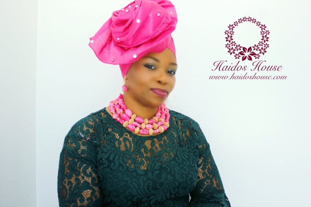 AG - Lovely Rose Design Auto-Gele/ Aso-oke Turban in Dark Pink